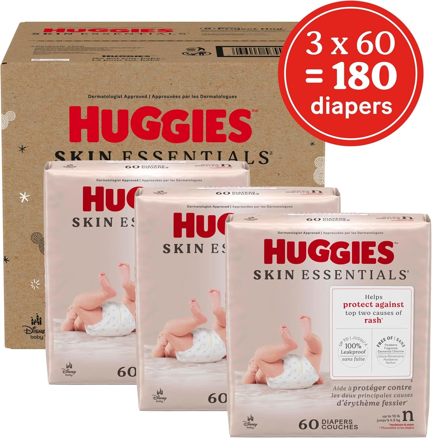 Huggies Size Newborn Diapers, Skin Essentials Baby Diapers, Size Newborn (6-9 lbs), 180 Count (3