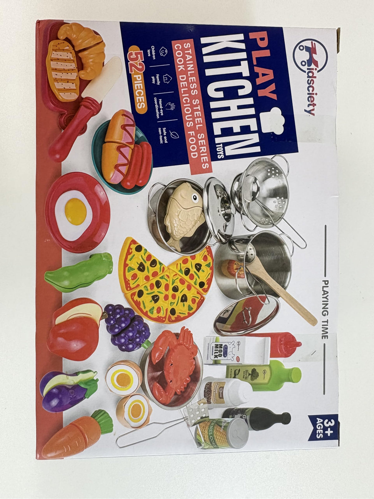 Kidsciety Pretend Play Kitchen Accessories, 52pc Kids Kitchen Playset with Play Food, Stainless
