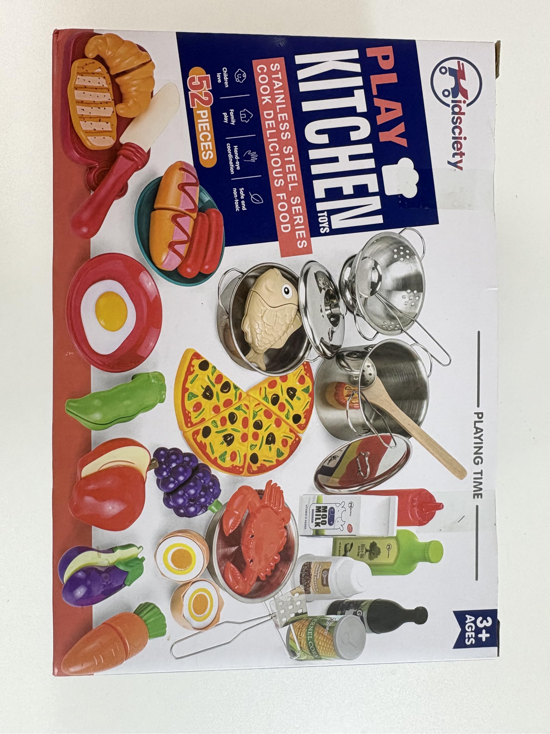 Kidsciety Pretend Play Kitchen Accessories, 52pc Kids Kitchen Playset with Play Food, Stainless