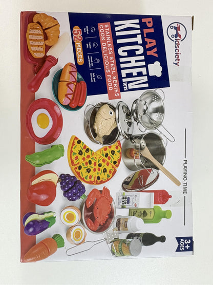 Kidsciety Pretend Play Kitchen Accessories, 52pc Kids Kitchen Playset with Play Food, Stainless