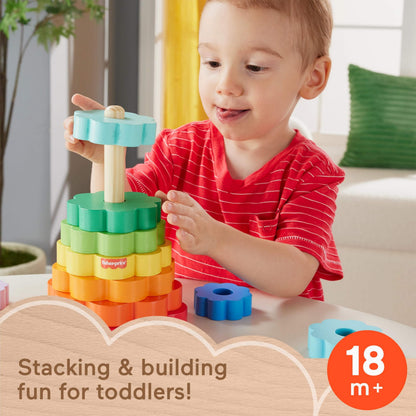 Fisher-Price Wood Toddler Toy Ring Stacker, 10-Piece Wooden Stacking Activity for Fine Motor Skills