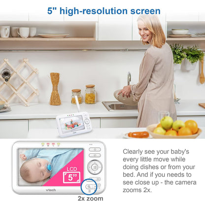 VTech VM5463-2 Baby Monitor 5" Screen with 2 Cameras, Pan-Tilt- Zoom, Night Light, Glow On The