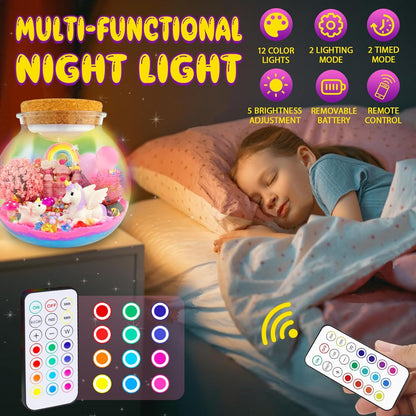 Unicorn Terrarium Crafts Kit for Kids-LED Night Light Up & Remote Unicorn Birthday Gifts Toys for