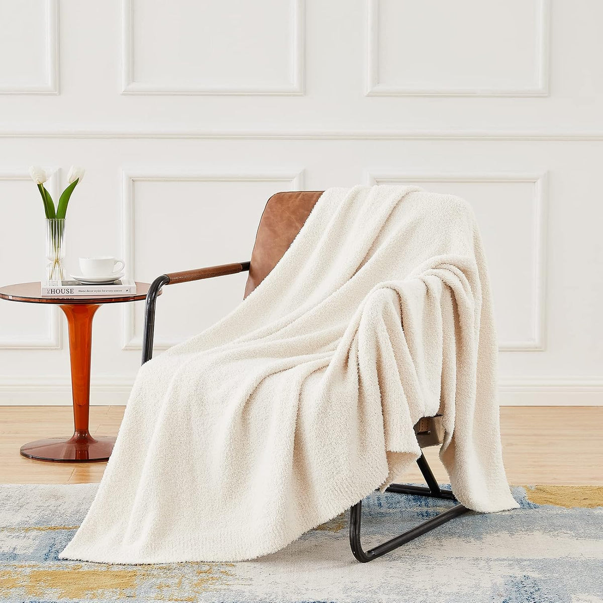 CYMULA Knit Throw Blanket for Couch Cream White - Super Soft Lightweight Plush Fuzzy Fluffy Cozy