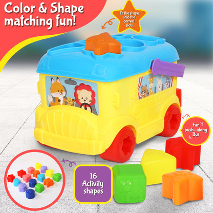 Playkidiz Bus Shape Sorter Toy - Kids Block Sorter with 16 Colorful Shapes - Sorting Toys for