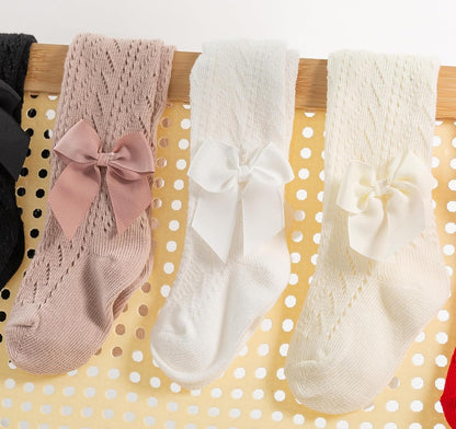 CHUNG Baby Girls Cotton Tights Thin Hollowed Summer with Bowknot Mesh Lace Fashion Toddler Footed