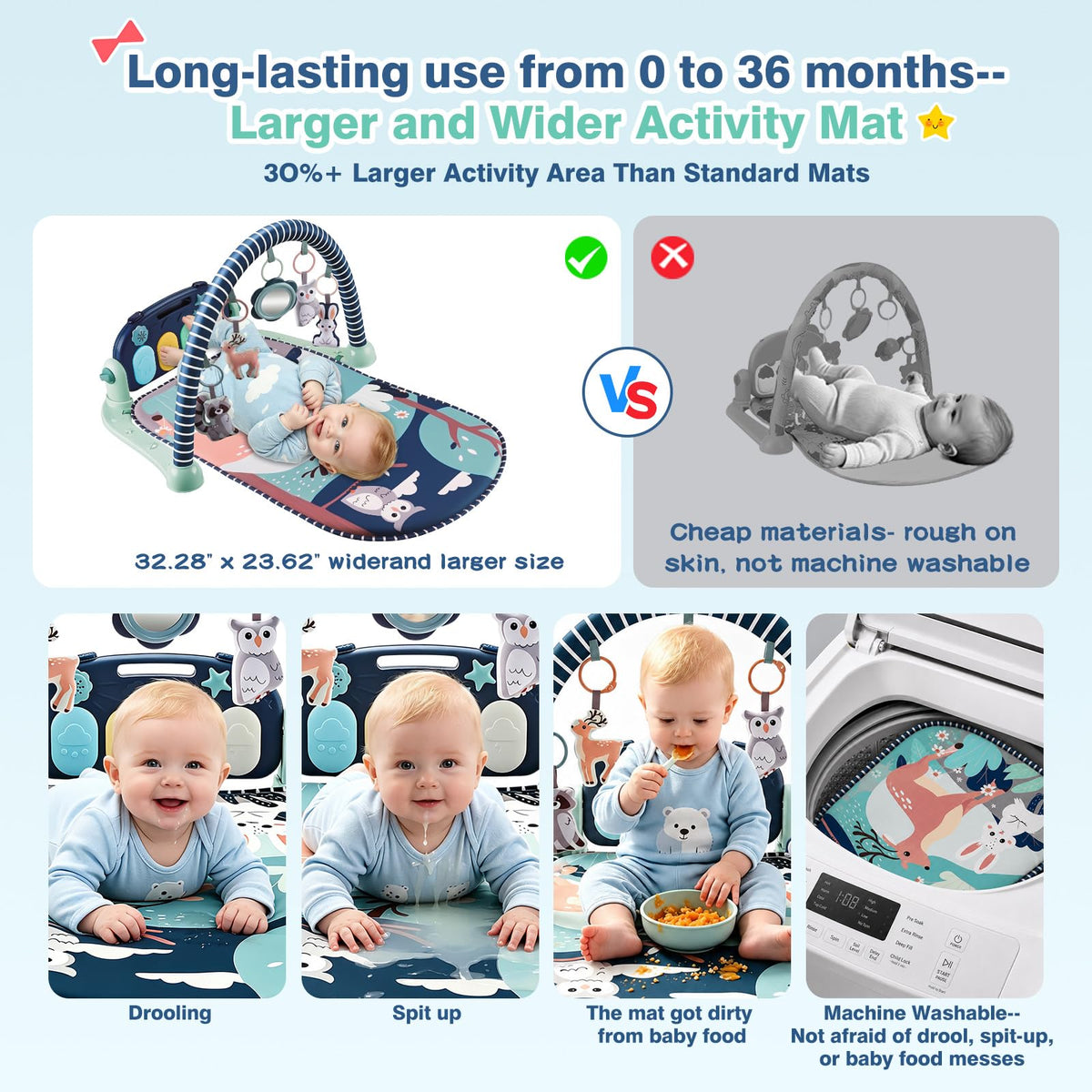 Joryuek Baby Play Mat, Tummy Time Mat with Piano Music and Lights, Baby Activity Play Gym with
