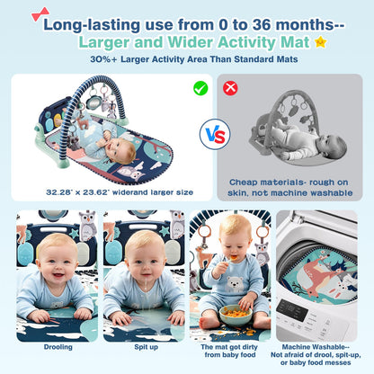 Joryuek Baby Play Mat, Tummy Time Mat with Piano Music and Lights, Baby Activity Play Gym with