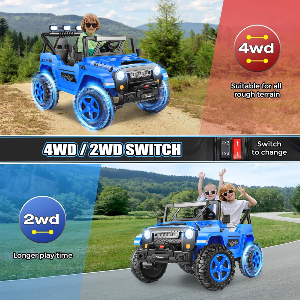 Hikole 24V Kids Ride on Car - 2 Seater, 4WD/2WD Switch, 4x200W Motor, Remote Control, 3 Speeds, LED