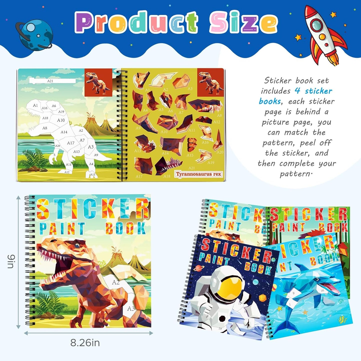 homicozy 4PCS Sticker Paint Books for Kids Ages 4-10,Dinosaur Astronaut Ocean Animals Designs Paint