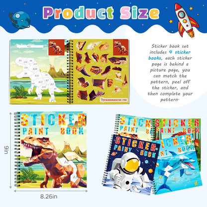 homicozy 4PCS Sticker Paint Books for Kids Ages 4-10,Dinosaur Astronaut Ocean Animals Designs Paint