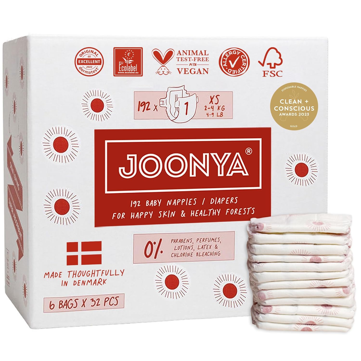 Joonya Baby Diapers, Size 1 XS (4-9 lb) - 6 Bags of 32 (192) - New Range - NonToxic, Eco-Friendly
