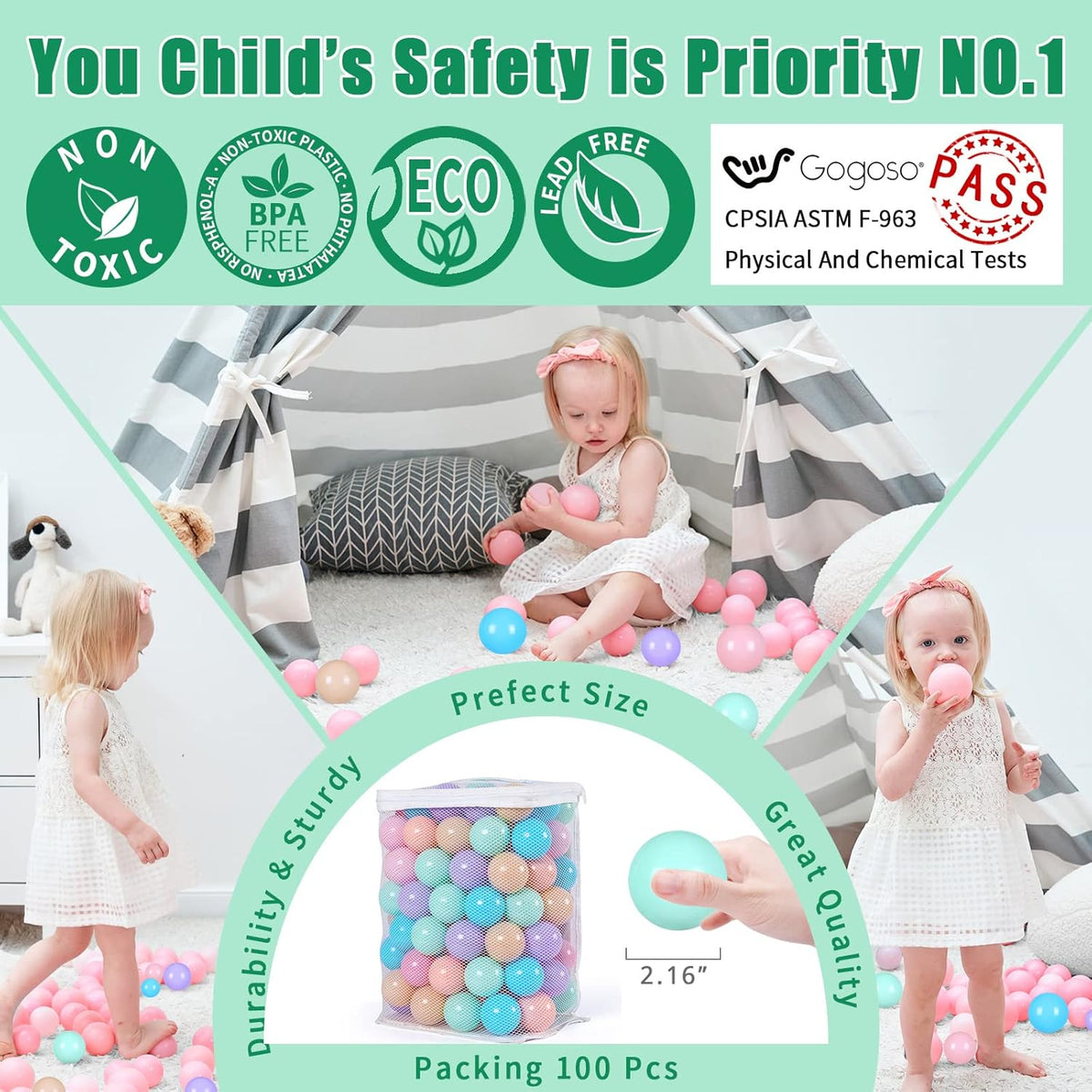 GOGOSO Ball Pits Balls for Toddlers Pack of 50 100 200 Plastics Shape Ball Non-Phthalate Non-BPA