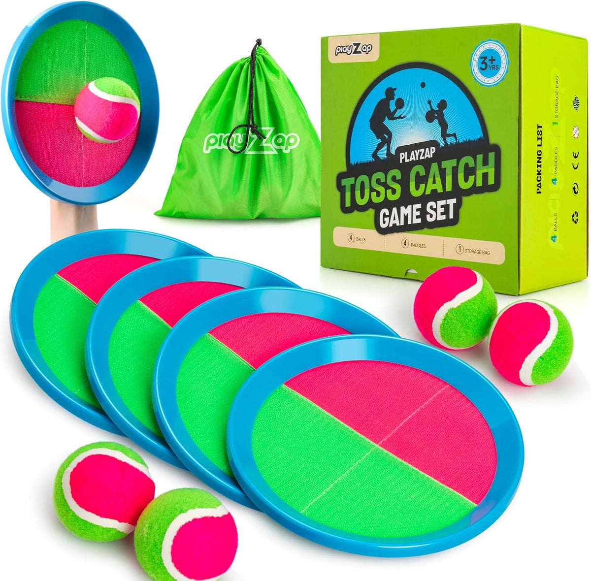 Toss and Catch Ball Set 4 Pack - Beach Toys Pool Toys Outdoor Games for Family Toddlers Kids Adults