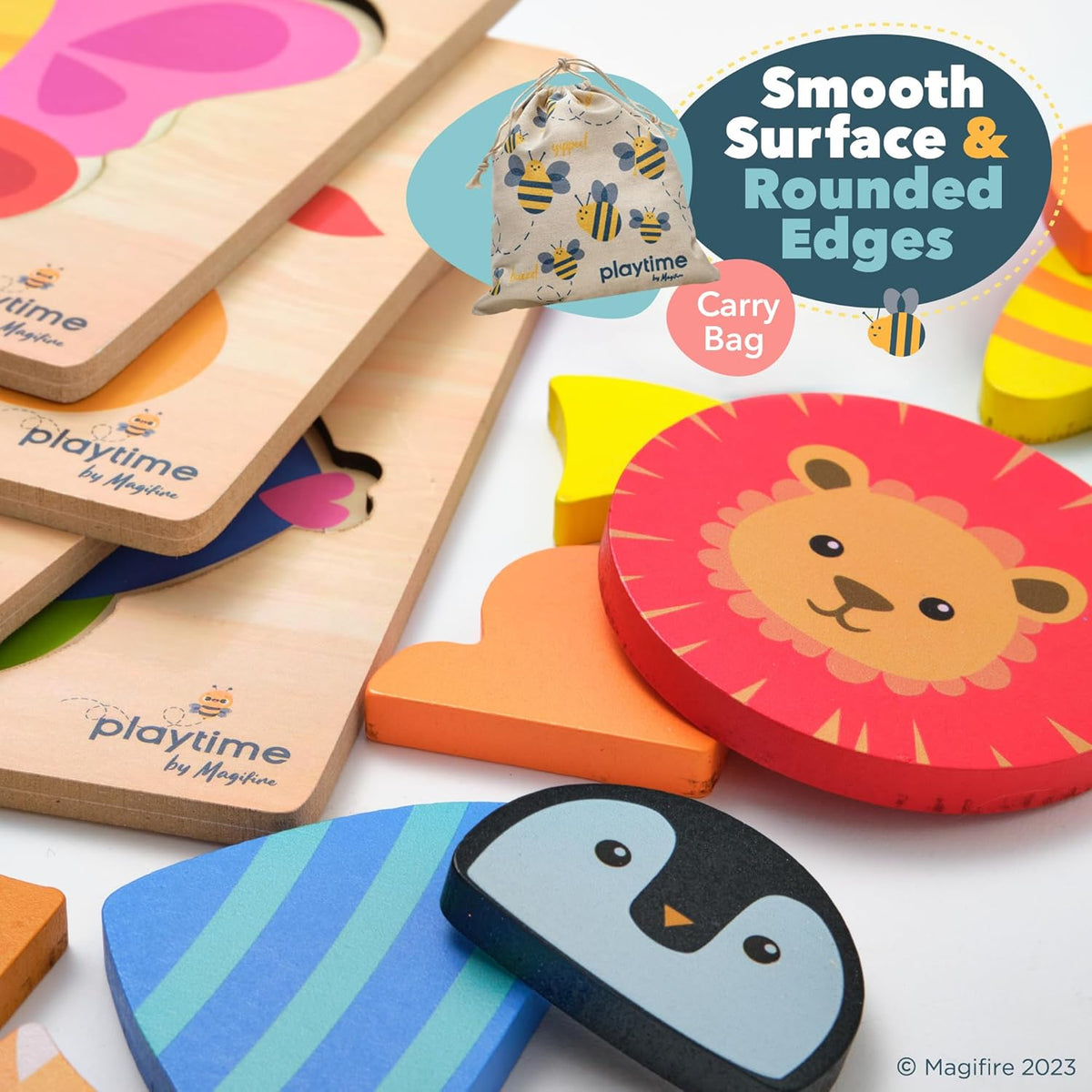 MAGIFIRE Toddler Puzzles Wooden Set of 4-4-Pack Multicolor Wood Animal Shapes with Storage Bag &