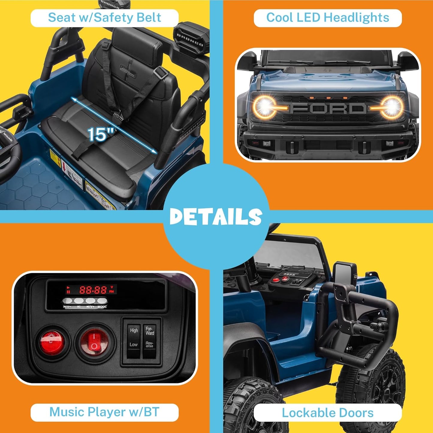 ENYOPRO Licensed Ford Bronco Raptor Electric Ride On Jeep for Kids, 12V Remote Control Ride On Car