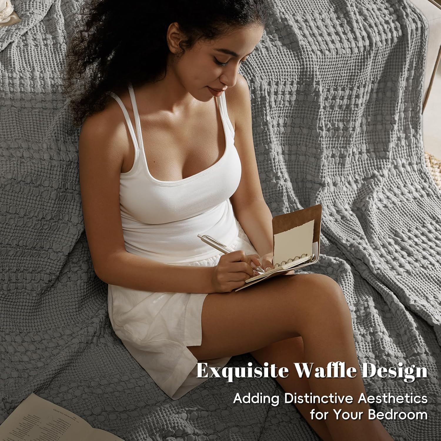 PHF 100% Cotton Waffle Weave Blanket King Size, Soft Lightweight Breathable Cozy Summer Blankets