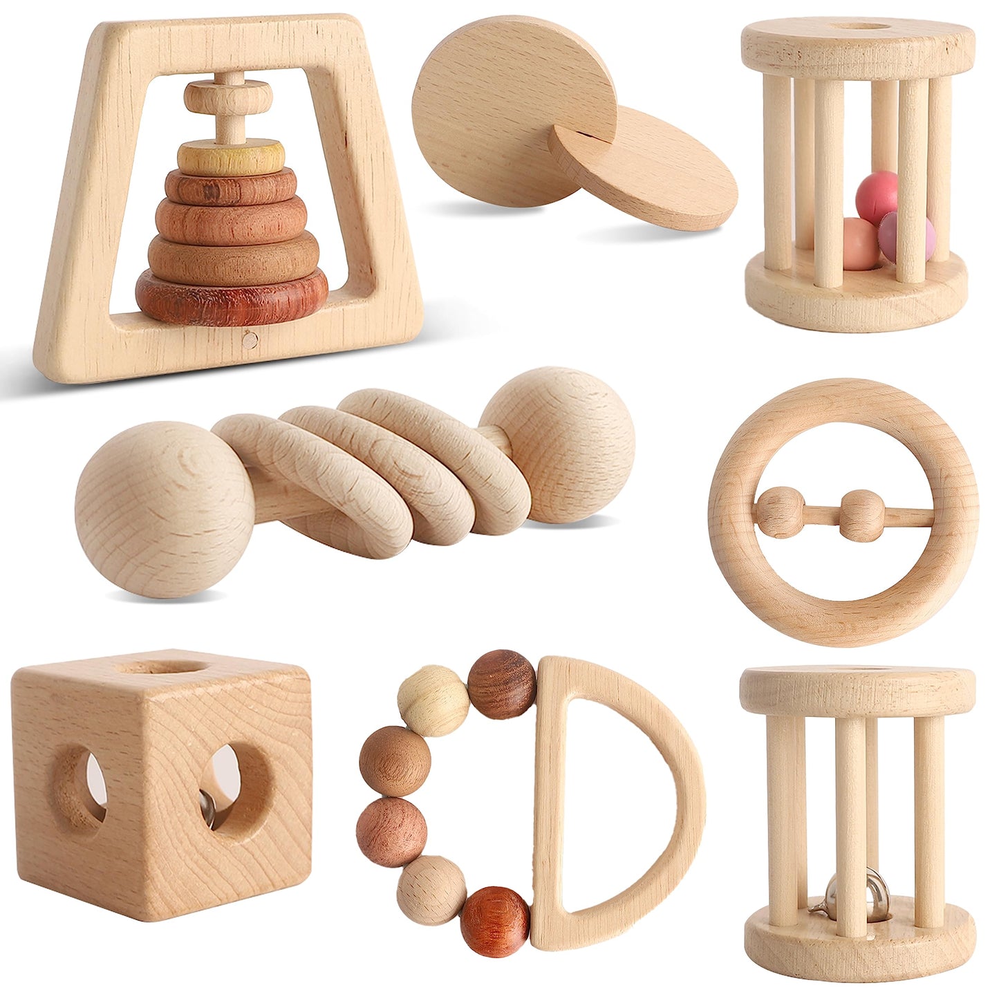 Wooden Baby Toy 8pcs, Montessori Toys for Babies 1-3 Years Old, Wooden Rattles Toy Set for Infant