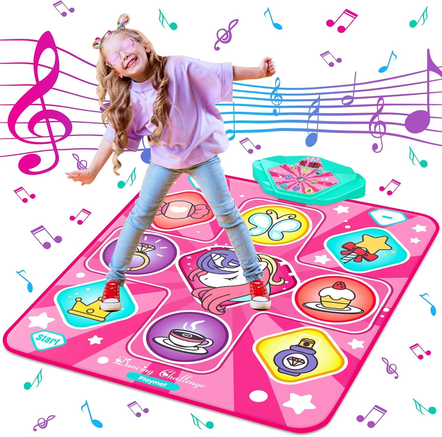Unicorn Dance Mat, Dance Mixer Rhythm Step Play Mat, Pink Dance Pad with LED Lights, Adjustable