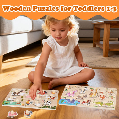 WoodTrove Wooden Peg Puzzles for Toddlers 1-3, 2 Pcs Montessori Puzzles, Zoo & Farm Animal Puzzles