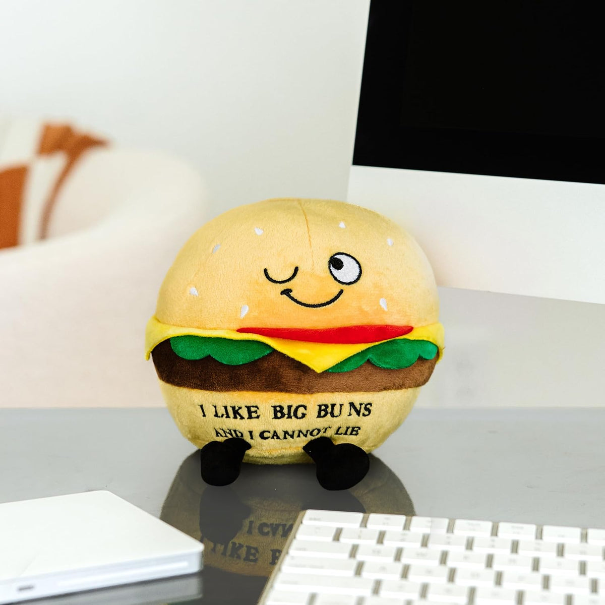 Hamburger Foodie Plushie, Funny Pun Meme Gag Gift, White Elephant, Stocking Stuffer Present, Great