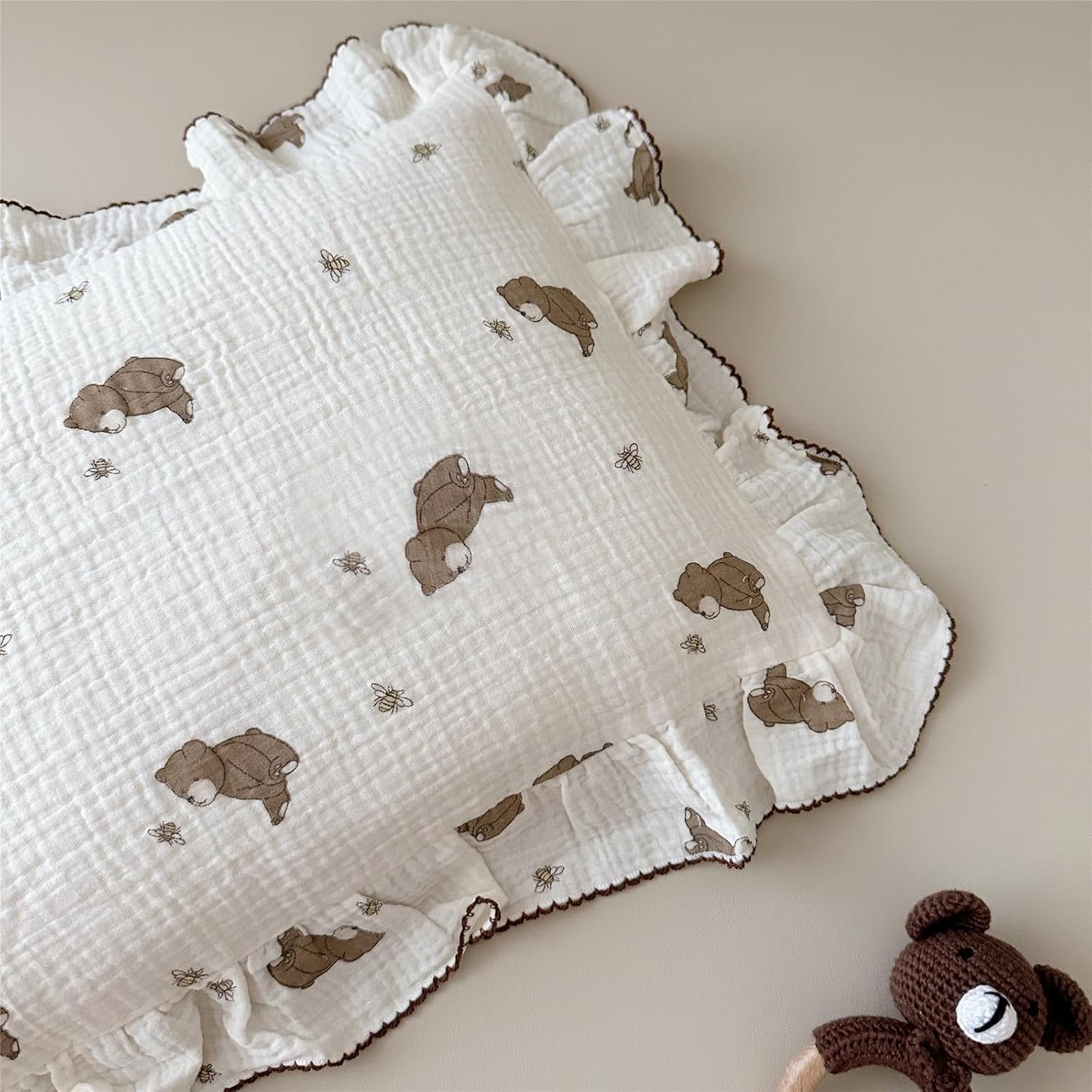 BuLuTu Cartoon Bear Muslin Pillowcase for Boys Girls Cute Animal Print Toddler Pillow Cases Soft
