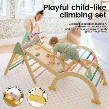 Tiny Land Pikler Triangle Set,7-in-1 Foldable Montessori Toddler Climbing Toys Indoor, Wooden