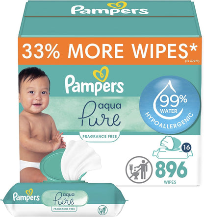 Pampers Baby Wipes Aqua Pure, 99% Water Based Wipes, Hypoallergenic and Unscented Infant Wipe, 896