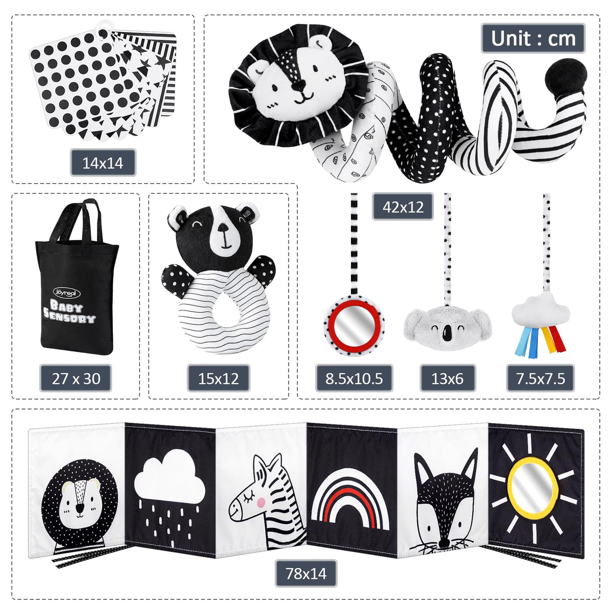 Joyreal High Contrast Baby Toys for Newborn, Black and White Baby Sensory Toys with Car Seat