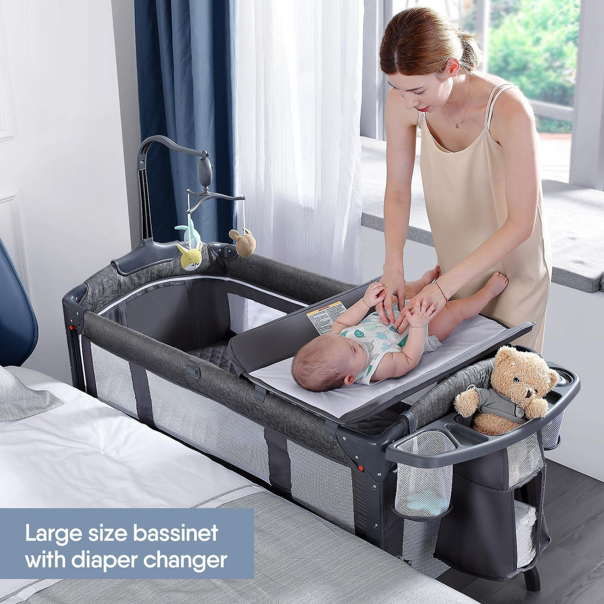 BabyBond Baby Bassinet Bedside Crib, Pack and Play with Sheet, Diaper Changing Table and Music