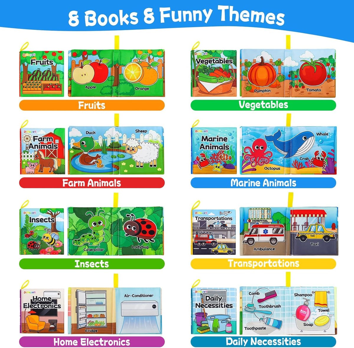 Dr.Rapeti Soft Cloth Books Baby Books Bath Books 8-Pack for Baby Infant Toddler Kid Crinkle