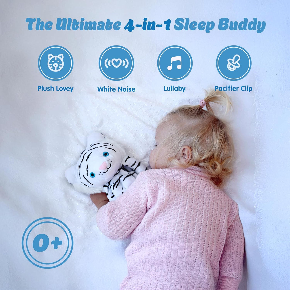 Love By Emi Baby Music Lovey White Tiger, Baby Sleep Soother for Crib & Cuddle Bedtime, White Noise