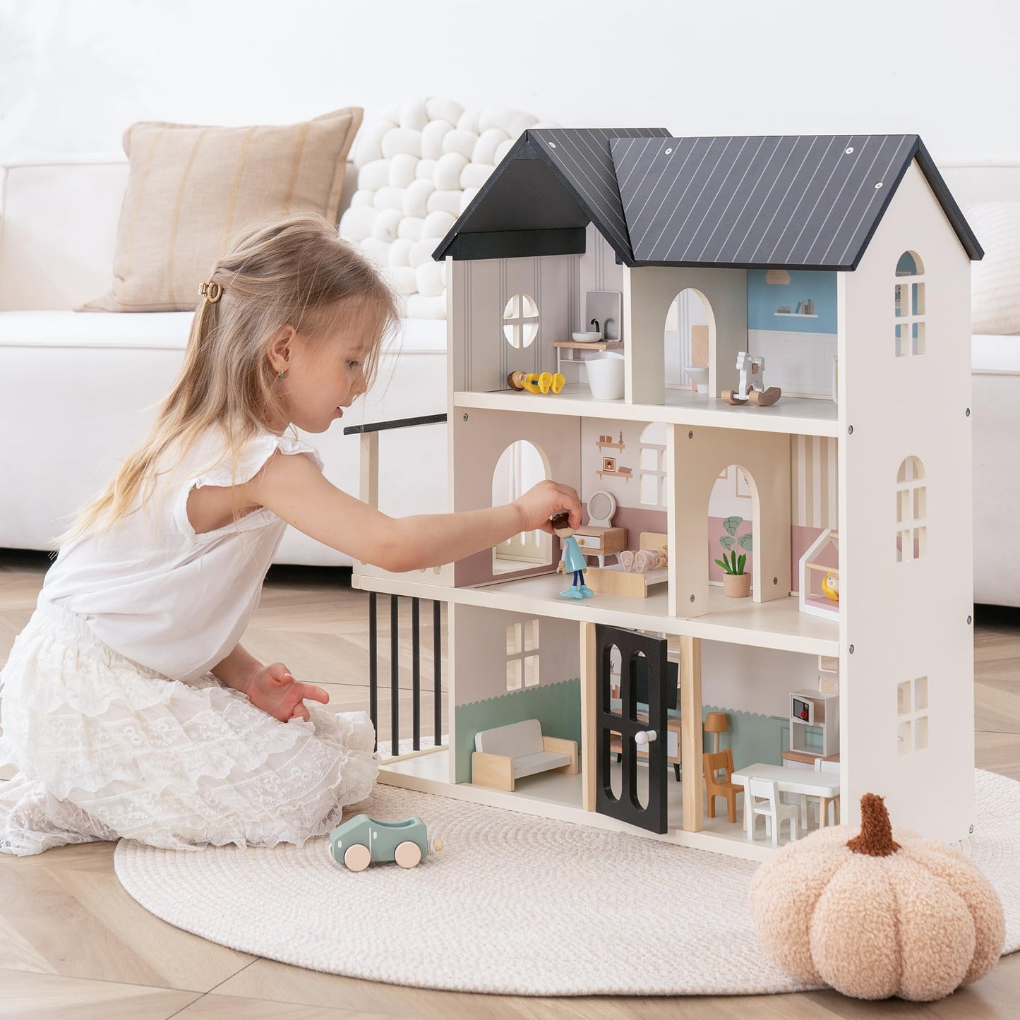 Wooden Dollhouse for Kids, 6-Room Modern-Style Toy Doll House Playset