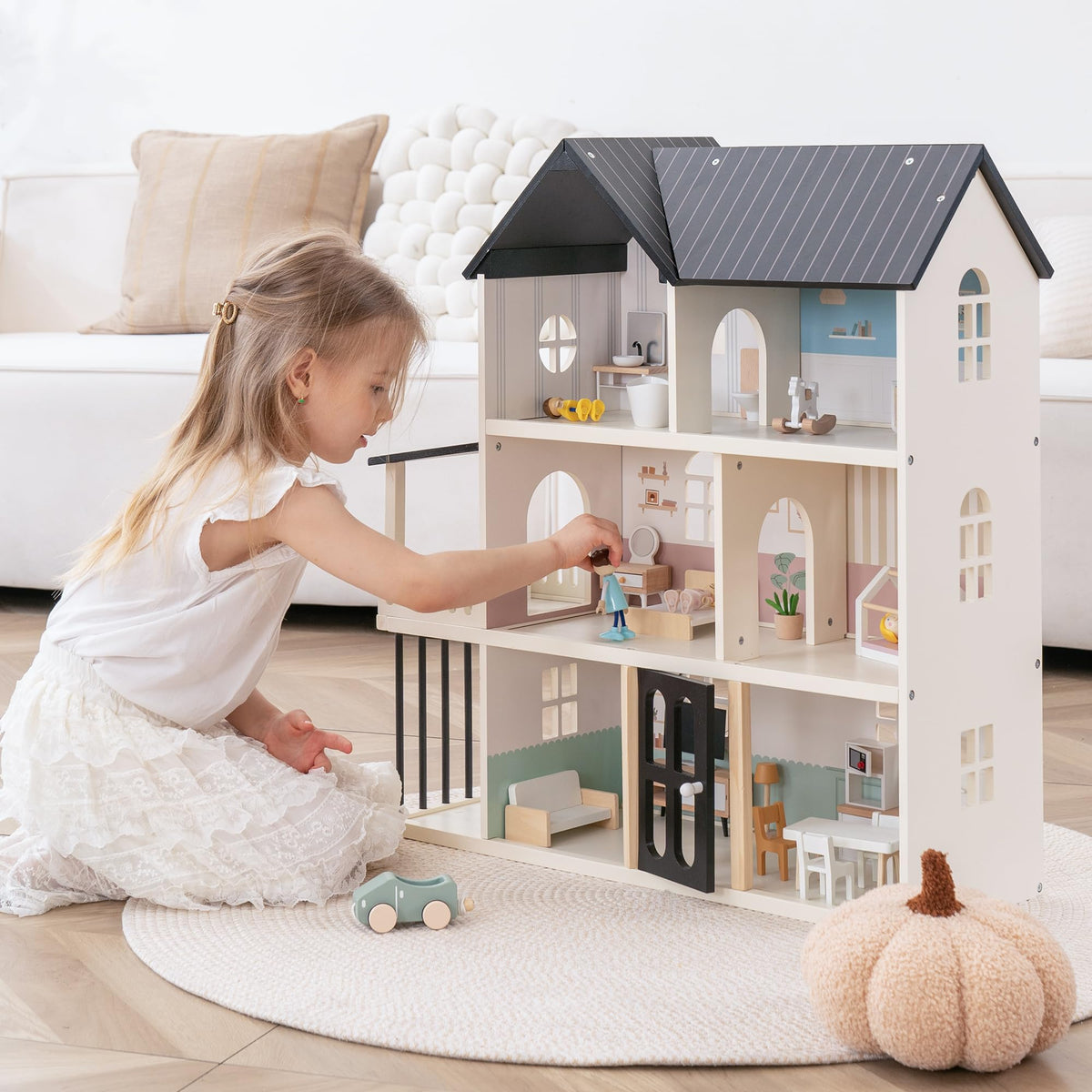 Wooden Dollhouse for Kids, 6-Room Modern-Style Toy Doll House Playset