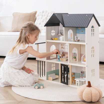 Wooden Dollhouse for Kids, 6-Room Modern-Style Toy Doll House Playset