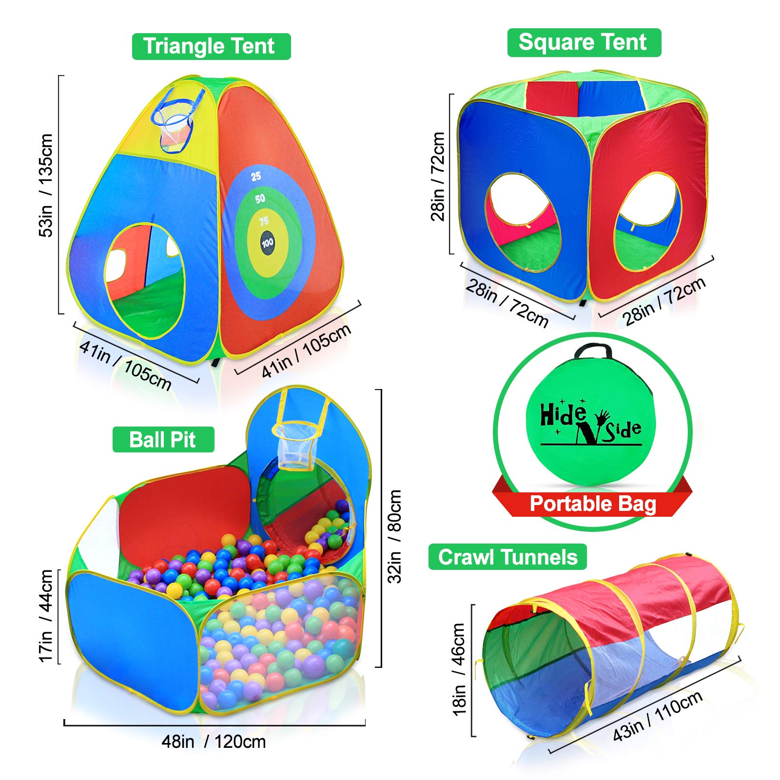 Hide N Side 5pc Kids Ball Pit Tents and Tunnels, Toddler Jungle Gym Play Tent with Play Crawl