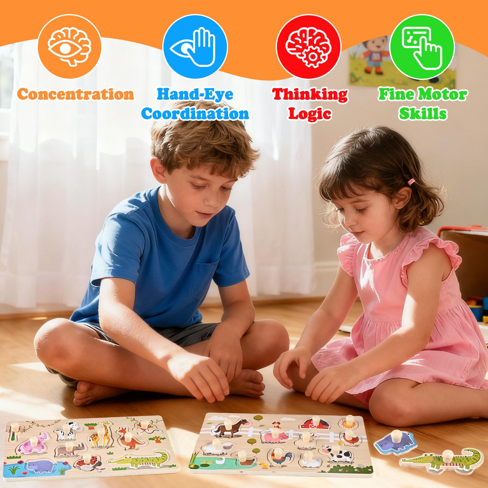 WoodTrove Wooden Peg Puzzles for Toddlers 1-3, 2 Pcs Montessori Puzzles, Zoo & Farm Animal Puzzles