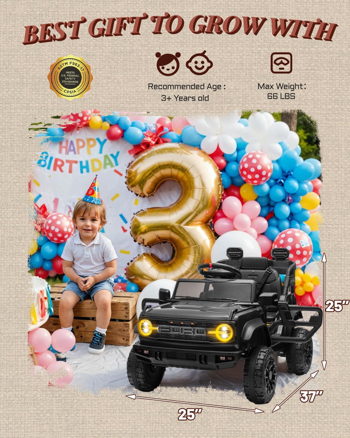 12V Ride on Toys for Kids, Licensed Ford Bronco Raptor Children Electric Vehicles, Toddler Battery