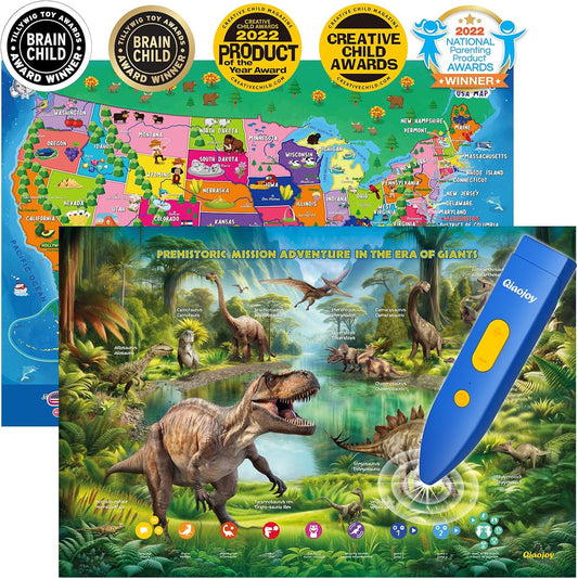 Bilingual Interactive for Kids Talking USA Map Dinosaur Poster for Kids Learning and Educational