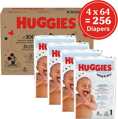 Huggies Size 1 Diapers, Snug & Dry Newborn Diapers, Size 1 (8-14 lbs), 256 Count (4 Packs of 64)