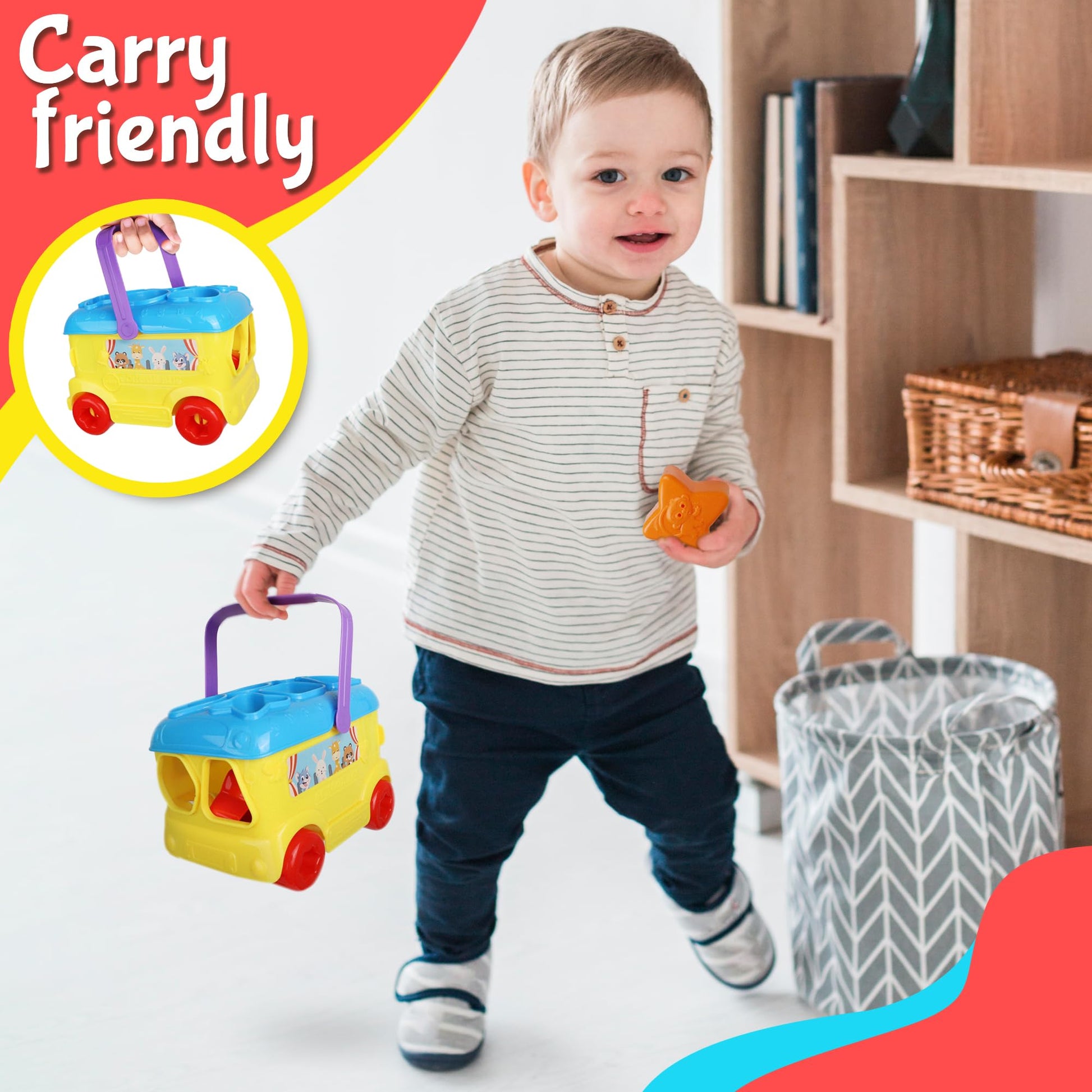 Playkidiz Bus Shape Sorter Toy - Kids Block Sorter with 16 Colorful Shapes - Sorting Toys for
