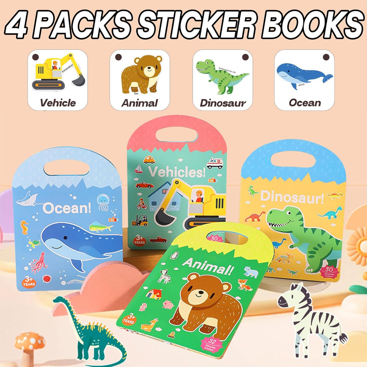 4 Sets Sticker Books for Toddlers 2-4 Years, 122 Pcs Puffy Stickers for Kids, 3D Sticker Books for