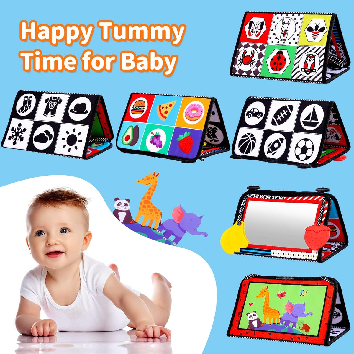 Baby Mirror Tummy Time Toys 0-3 3-6 Months Sensory Crinkle Baby Books Black and White High Contrast