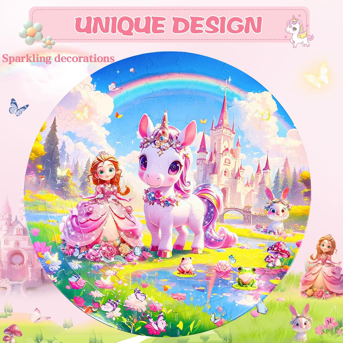 Floor Puzzles for Kids Ages 4-6, 70 Pieces Large Round Unicorn Princess Floor Puzzle Unicorn Jigsaw
