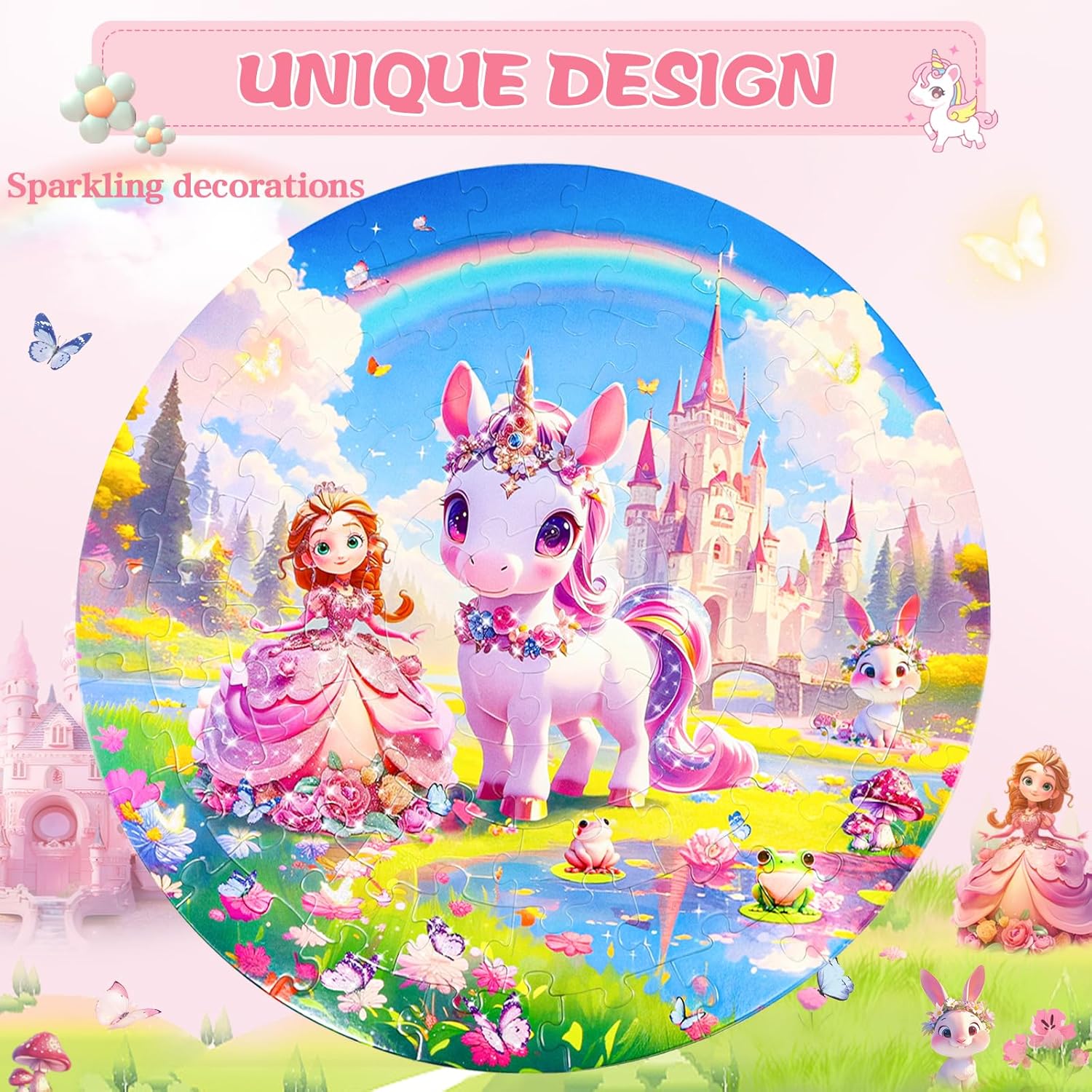 Floor Puzzles for Kids Ages 4-6, 70 Pieces Large Round Unicorn Princess Floor Puzzle Unicorn Jigsaw