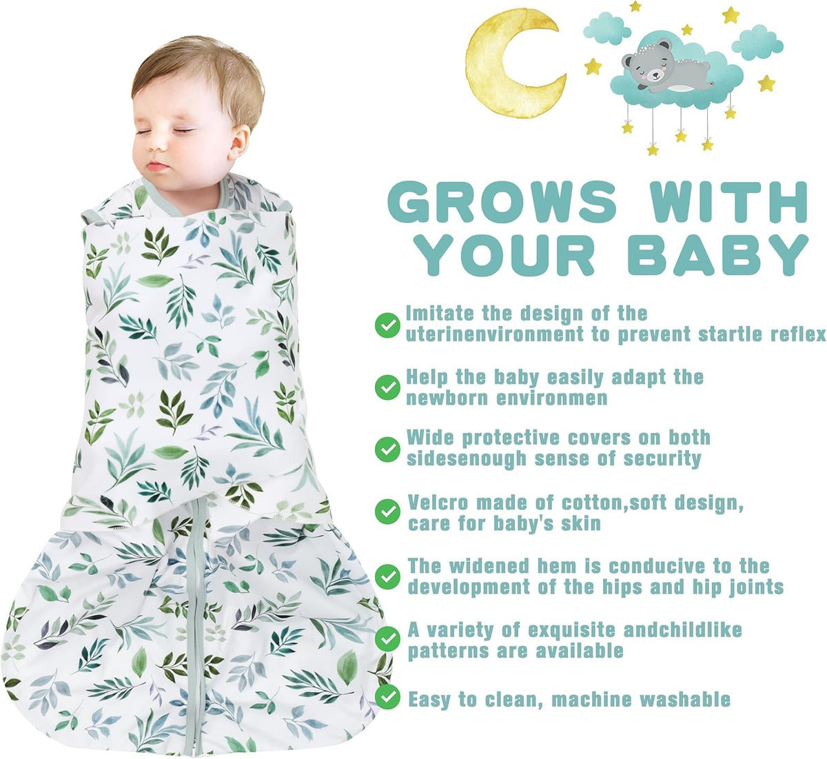 Newborn Sleep Sack Baby Swaddle,Swaddle me 0-3 Month,3-Way Adjustable Wearable Blanket,100% Rayon