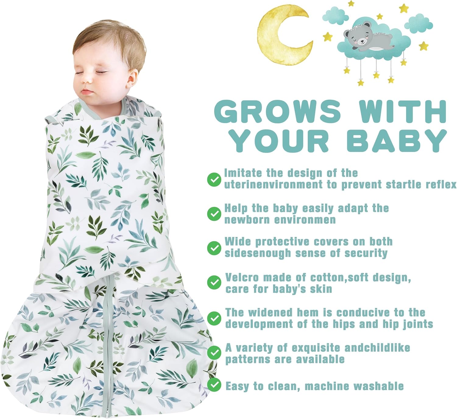 Newborn Sleep Sack Baby Swaddle,Swaddle me 0-3 Month,3-Way Adjustable Wearable Blanket,100% Rayon