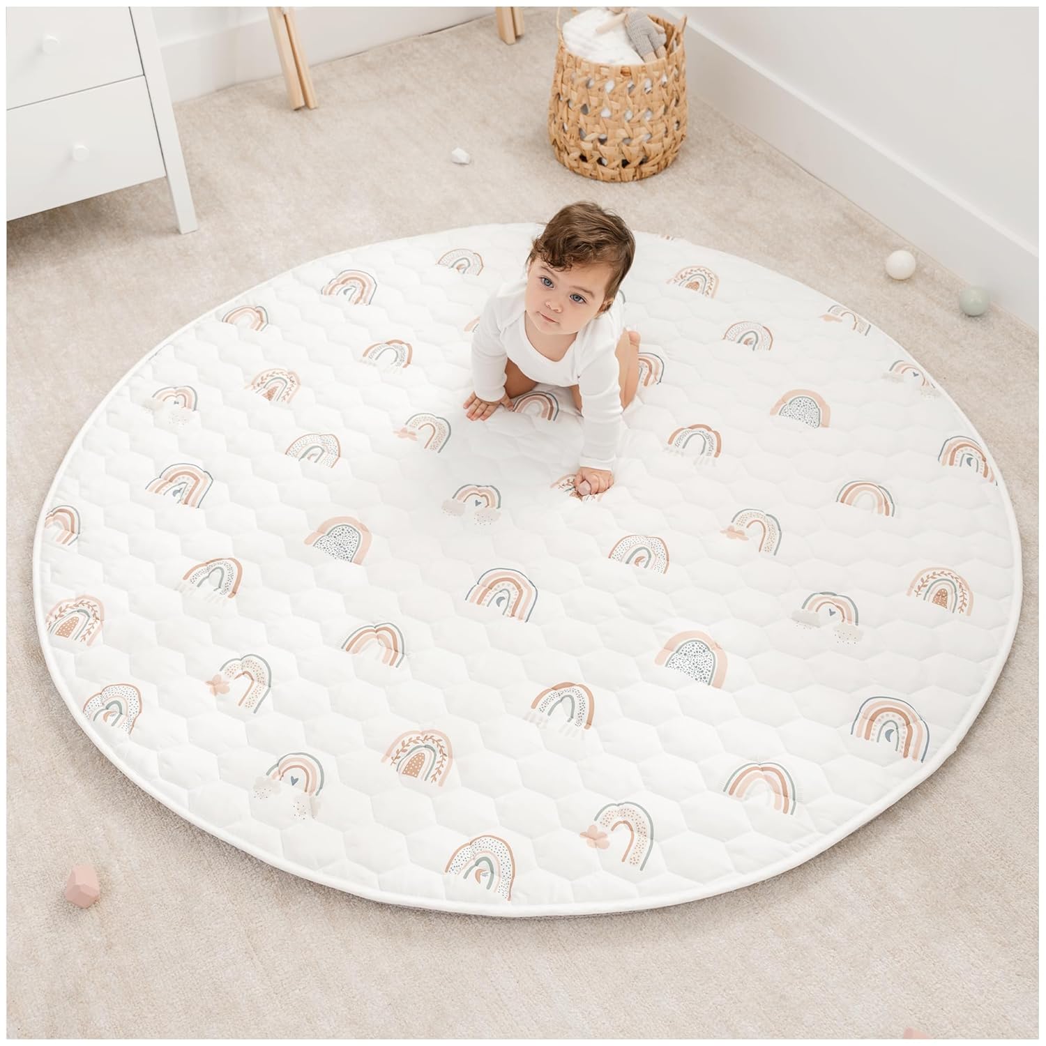Comfy Cubs Round Kids Play Mat - Large 60 inches Soft Quilted Baby Floor Mat with Non-Slip Bottom