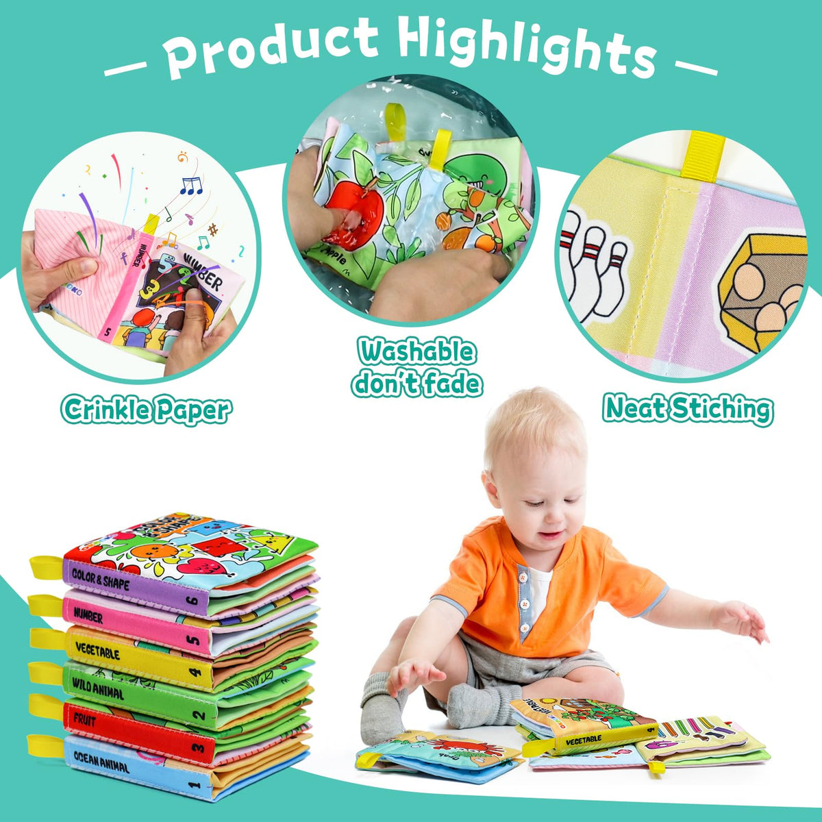 OKOOKO 6 Pack Soft Baby Book, Bath Toy, Soft Cloth Book, Crinkle Book