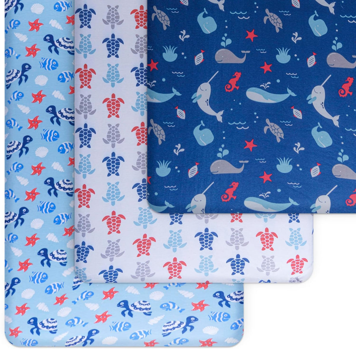 GROW WILD Blue Ocean Baby Crib Sheets for Boys (3 Pack) - Jersey Knit Fitted Sheet (52" x 28")